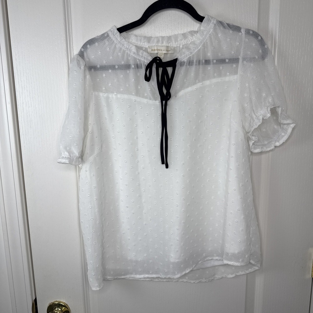 Monteau Los Angeles White Swiss Dot Tie Neck Blouse Womens XL Boho Top